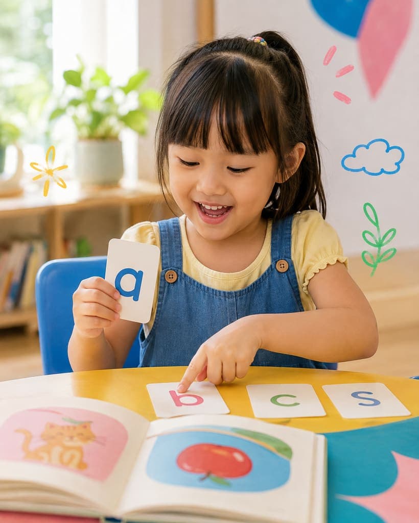 A young Malaysian girl learning letters with picture cards