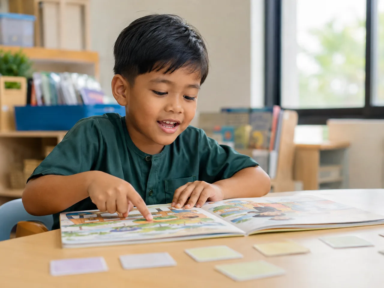 A Malaysian boy reading a picture book in class