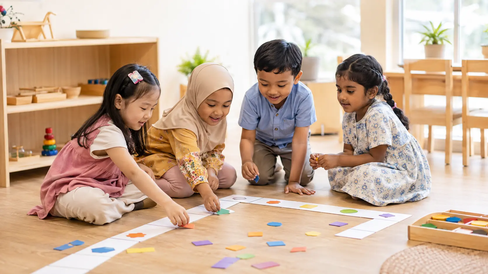 Four Malaysian children working together on a hands-on classroom activity