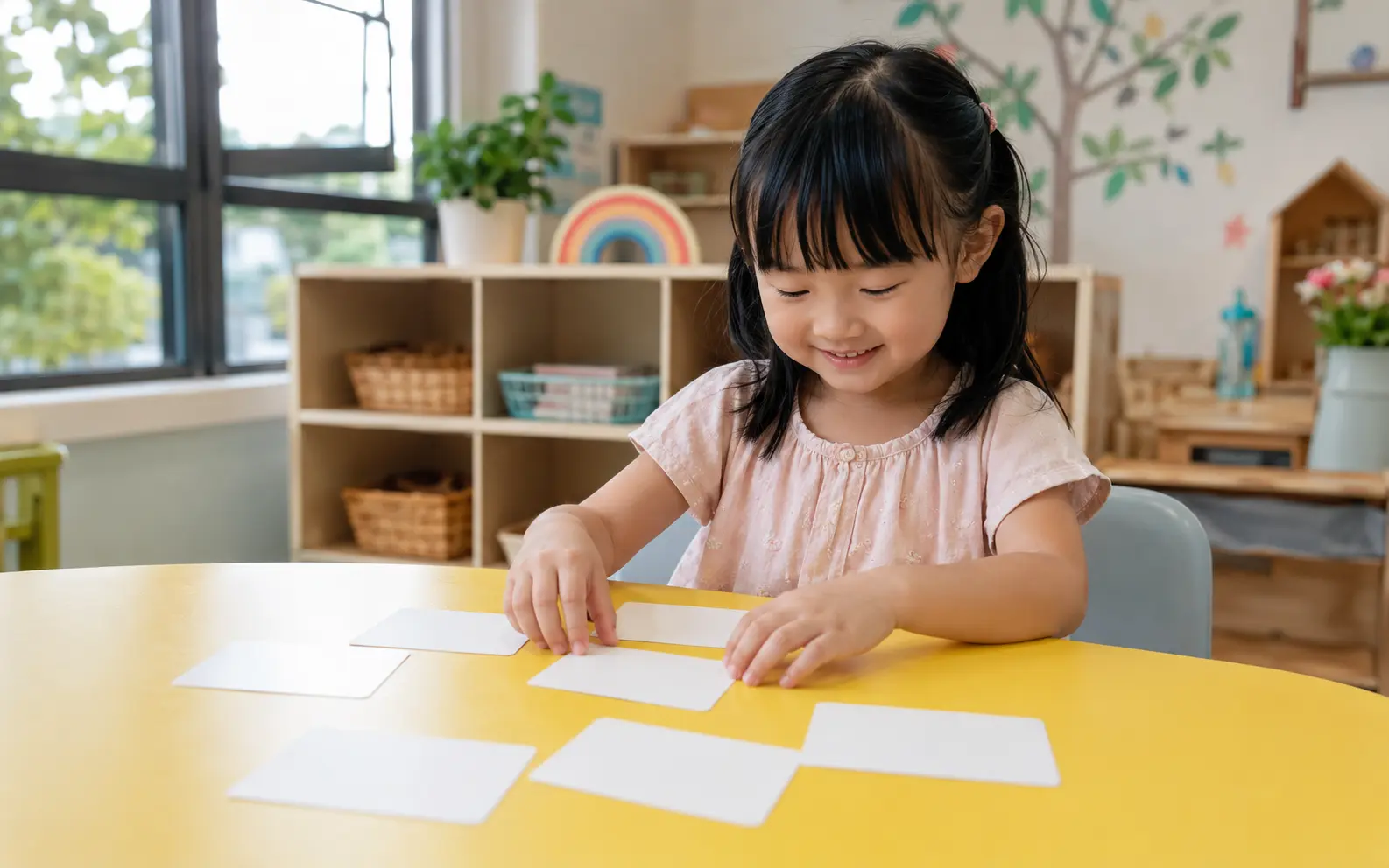 A young Chinese Malaysian girl smiling as she matches words at a classroom table